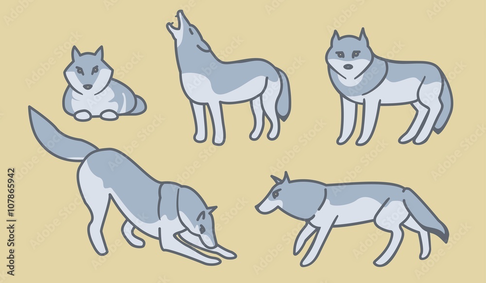 Wolves set. Vector illustration.