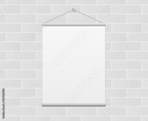 Blank Vertical White Canvas Poster Hanging on Gray Brick Wall Illustration