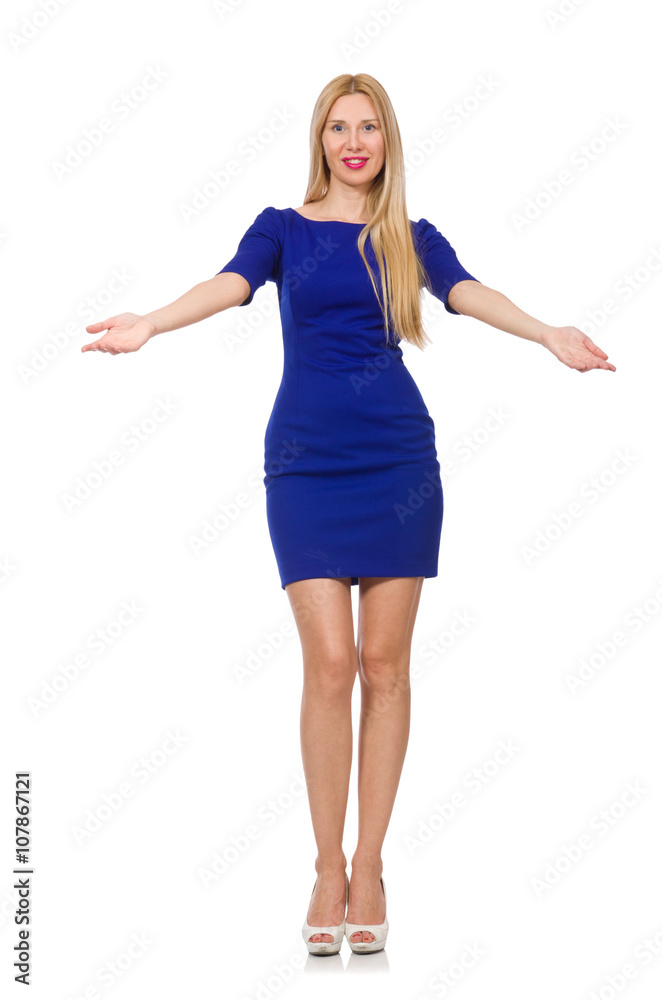 Pretty caucasian girl in blue dress isolated on white Pretty caucasian girl in blue dress isolated on white