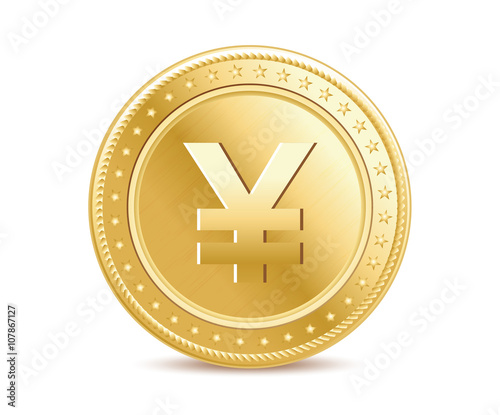 Golden isolated yen coin on the white background