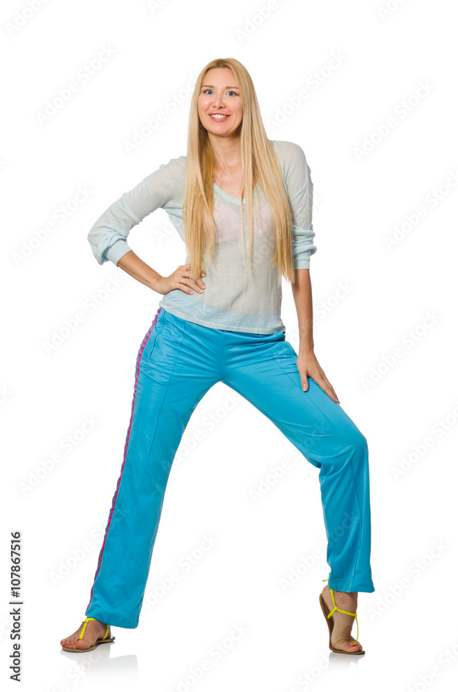 Young woman wearing blue training pants isolated on white Young woman wearing blue training pants isolated on white
