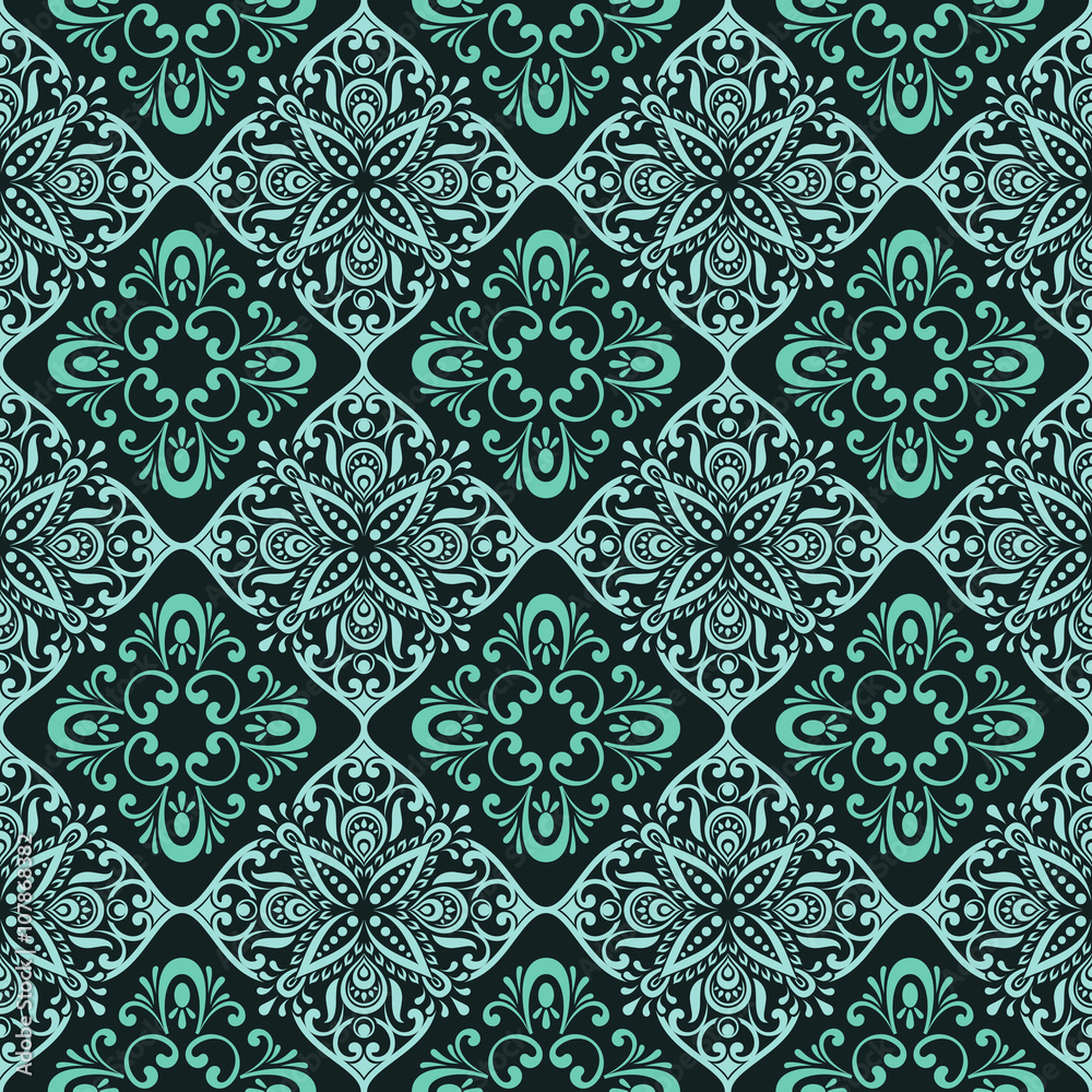 Seamless vintage green floral wallpaper vector pattern.