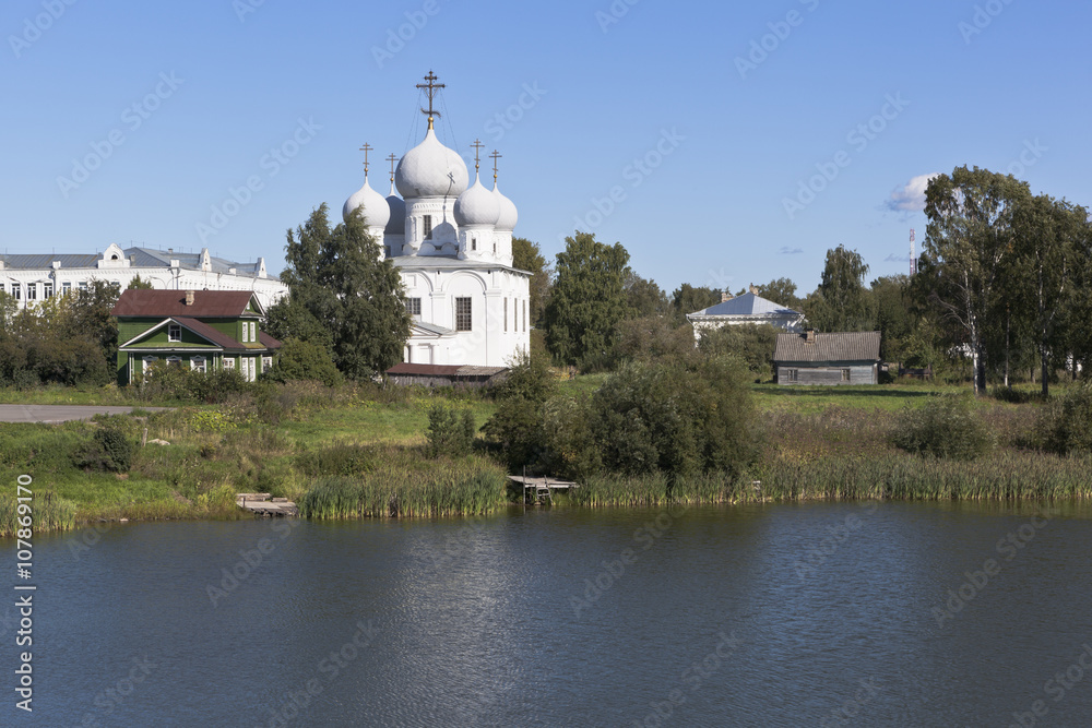 Inner courtyard Belozersky Kremlin. Transfiguration Cathedral in the town of Belozersk, Vologda Region, Russia