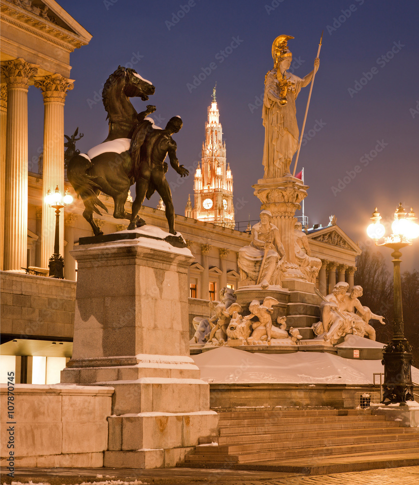 Φωτογραφία Vienna - Pallas Athena fountain and parliament in winter evening