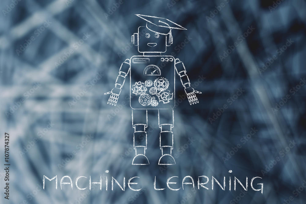 funny robot with graduation hat, machine learning Stock Illustration