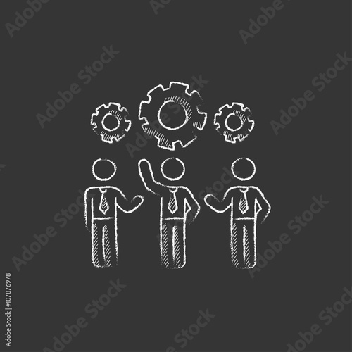 Businessmen under the gears . Drawn in chalk icon.