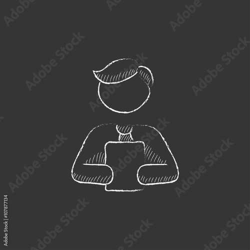 Man holding digital tablet. Drawn in chalk icon.
