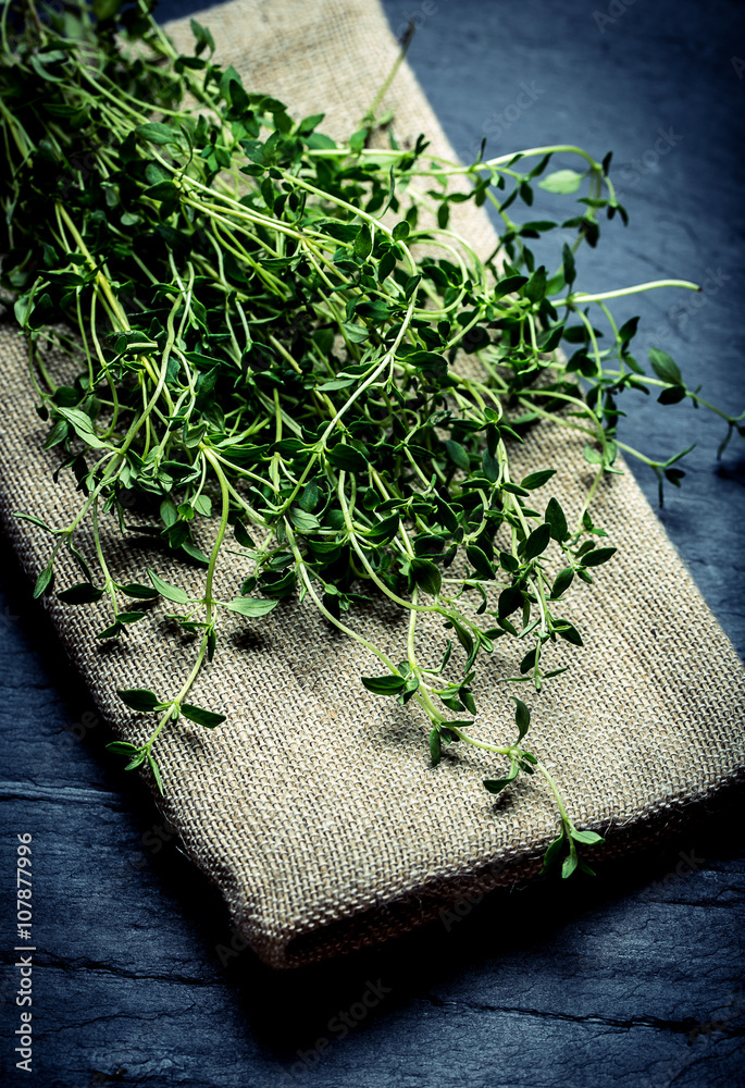 Bunch of thyme over linen canvas