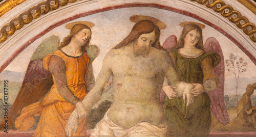 Rome - The fresco of Pieta attributed by Antonio da Viterbo (1485)  in Basso della Rovere chapel in church Basilica di Santa Maria del Popolo.
