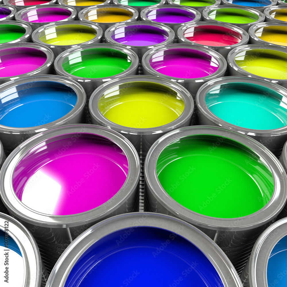 Multiple open paint cans. Multiple open paint cans.