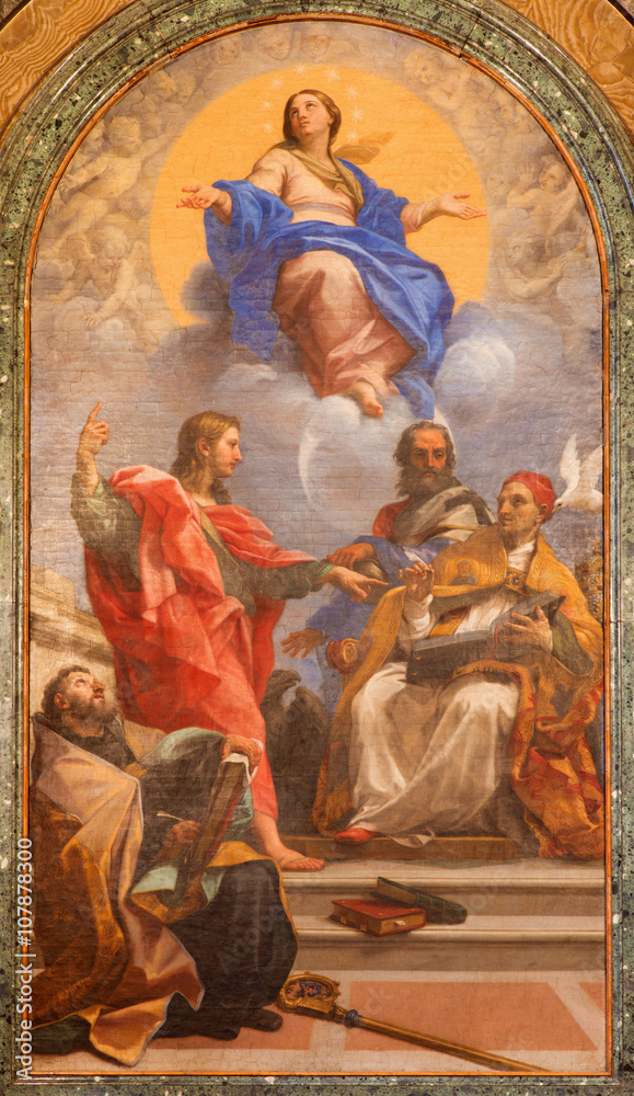 Rome - The Immaculate Conception and the saints (John Ev., John Bap., Augustine, Gregory) by Carlo Maratta (1686) of Cybo chapel in church Basilica di Santa Maria del Popolo.