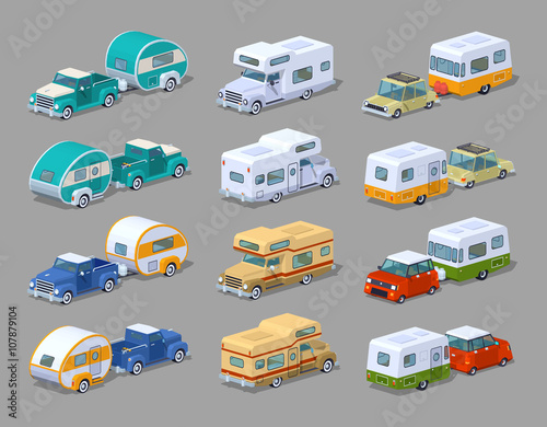 Collection of the motorhomes. 3D lowpoly isometric vector illustration. The set of objects isolated against the grey background and shown from two sides