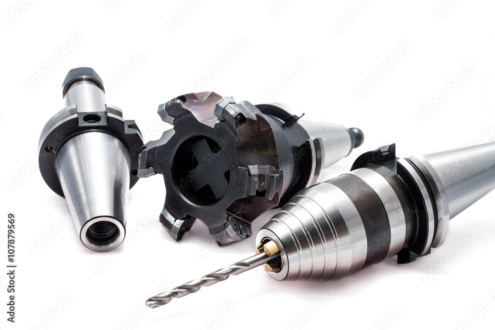 Metal milling tools / equipments with holder for CNC machine for heavy industry on white background Metal milling tools / equipments with holder for CNC machine for heavy industry on white background