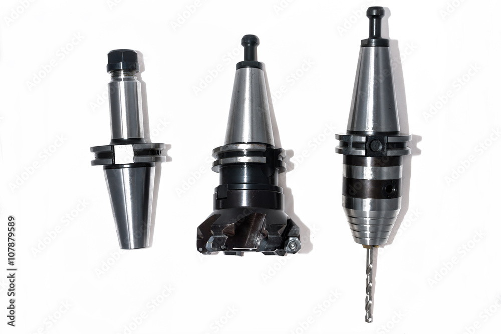 Metal milling tools / equipments with holder for cnc machine for heavy industry on white background Metal milling tools / equipments with holder for cnc machine for heavy industry on white background