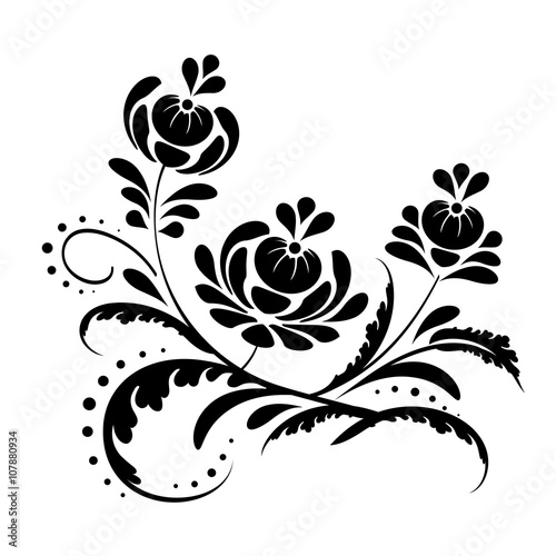 vector black and white floral vignette with curls on a white background