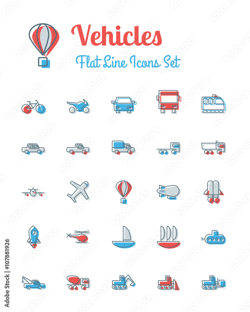 vector vehicles icons set flat line style