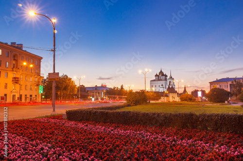 Pskov. Sovetskaya Street, view of the Kremlin in the summer evening twilight