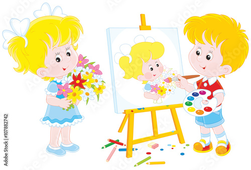 a boy drawing a portrait of a girl with flowers