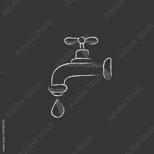Faucet with water drop. Drawn in chalk icon.