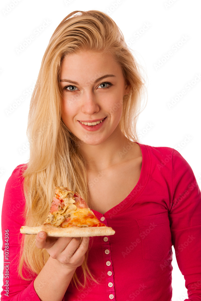 Woman with slice of delicious pizza, can't wait to bite in it. Woman with slice of delicious pizza, can't wait to bite in it.
