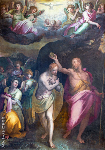 Rome - The Baptism of Christ painting by Giovanni Battista Naldini (1580) in church Chiesa di Santissima Trinita dei Monti and st. John the Baptist chapel.