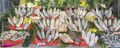 Fresh fish and seafood arrangement displayed on the market