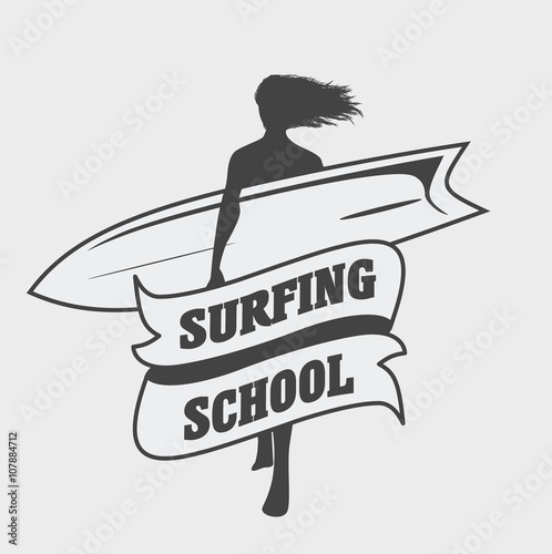 Surfing school logo or label template with girl with surfboard. Can be used for t-shirt, sticker, business card