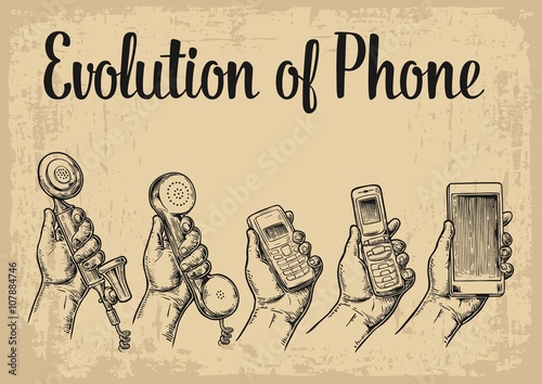 Evolution of communication devices from classic phone to modern mobile phone with hand man. Vintage vector engraving illustration for info graphic, poster, web