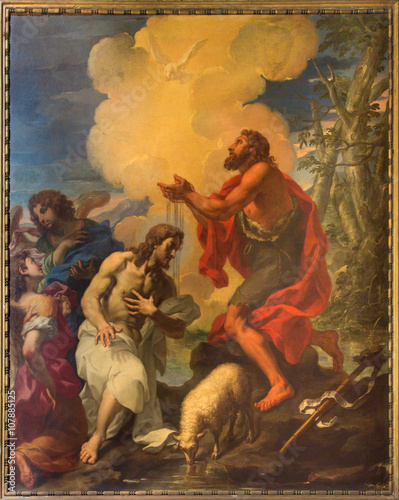 ROME, ITALY - MARCH 9, 2016: The painting Baptism of Christ in church by Giuseppe Ghezzi (1695 - 1696) in church Chiesa di San Silvestro in Capite and The chapel of Holy Spirit.