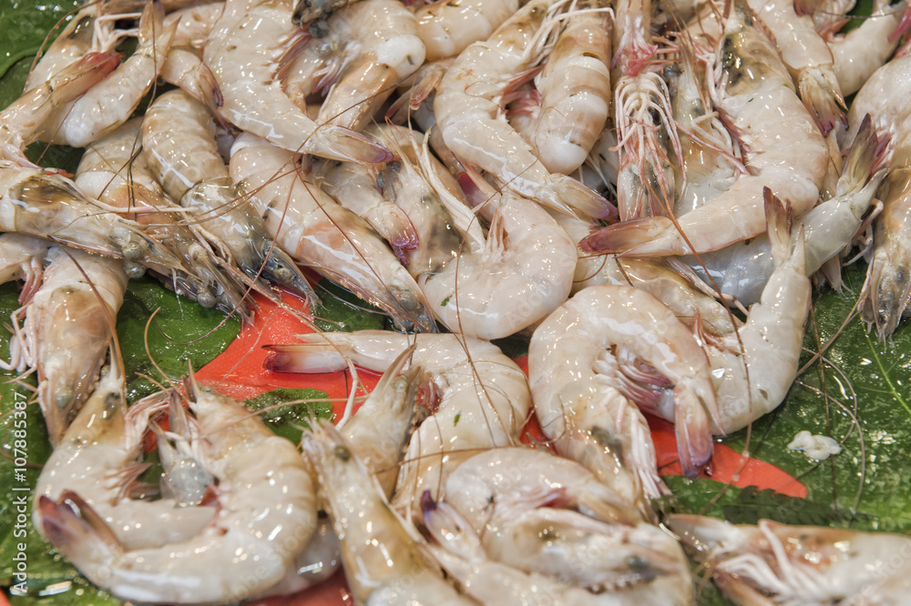 Fresh shrimp and seafood arrangement displayed on the market Fresh shrimp and seafood arrangement displayed on the market