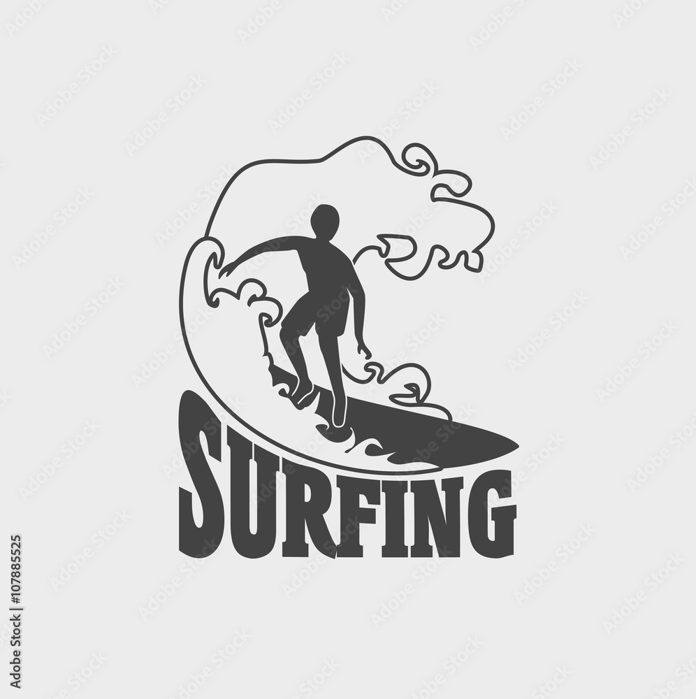 Surfing school logo, label or sign design template with wave and man on surfboard