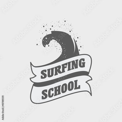 Surfing school logo, label or sign design template with wave and ribbon