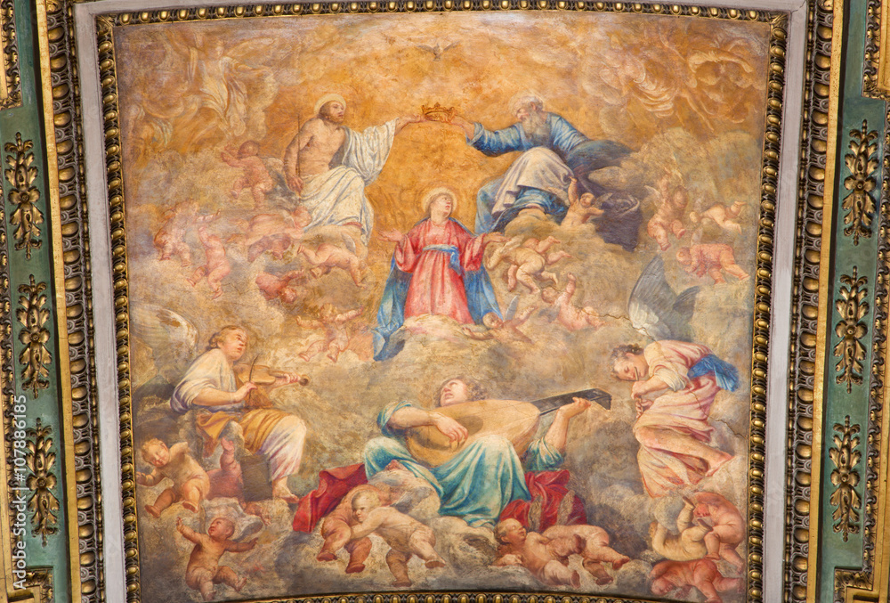 Rome - The Coronation of Virgin Mary ceiling fresco by Carlo Saraceni (1611 - 1617) in church Chiesa di Santa Maria in Aquiro in Annunciation chapel.