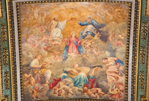 Rome - The Coronation of Virgin Mary ceiling fresco by Carlo Saraceni  1611 - 1617  in church Chiesa di Santa Maria in Aquiro in Annunciation chapel.