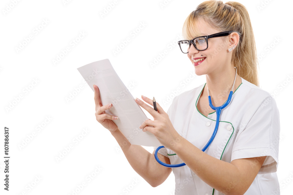 Nice female doctor writing her diagnosis in the hospital Nice female doctor writing her diagnosis in the hospital