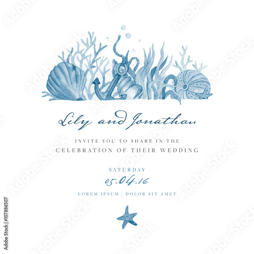 Marine wedding invitation. Vector template.