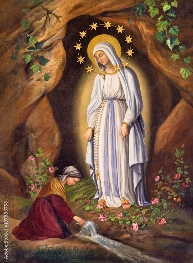 Naklejka premium Rome - The Appearance of Virgin to st. Bernadette in Lourdes by unknown artist (1873) in church Chiesa di Santa Maria in Aquiro.