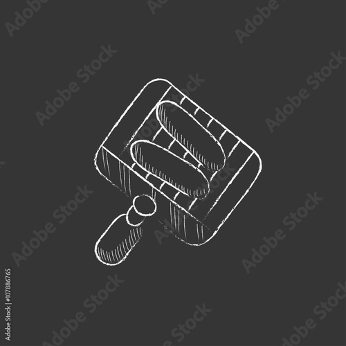 Grilled sausages on grate for barbecue. Drawn in chalk icon.