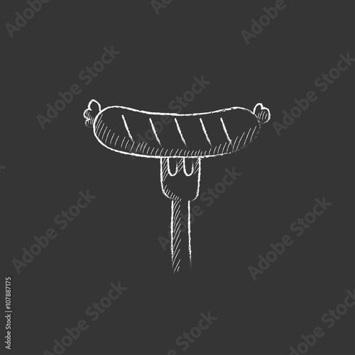 Sausage on fork. Drawn in chalk icon.