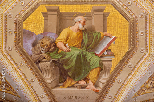 Rome - The fresco of St. Mark the Evangelist in church Chiesa di Santa Maria in Aquiro by Cesare Mariani from (1826 - 1901 in neo-mannerist style.