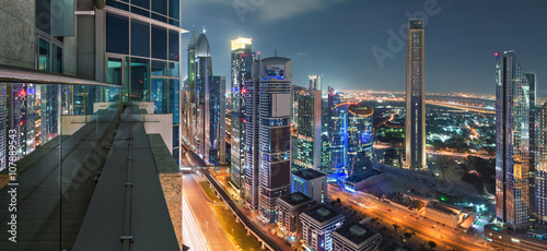 Sheikh Zayed Road in Dubai Top aerial view from the edge of a balcony