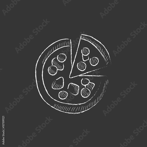 Whole pizza with slice. Drawn in chalk icon.