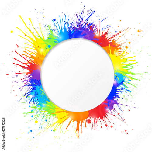 Colorful paint splashes frame with round cutout for text. Vector illustration.