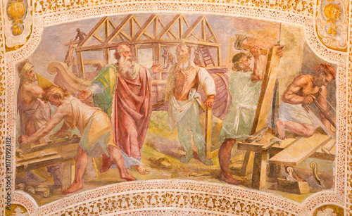 Rome - The Construction of Noah's Ark by Baldassare Croce (1558 - 1628). Fresco from the vault of stairs in church Chiesa di San Lorenzo in Palatio ad Sancta Sanctorum.