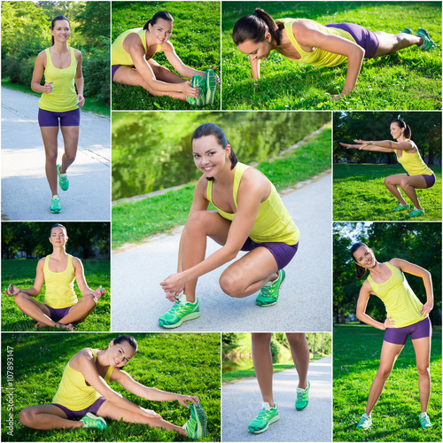 collage of slim beautiful sporty woman doing different exercises