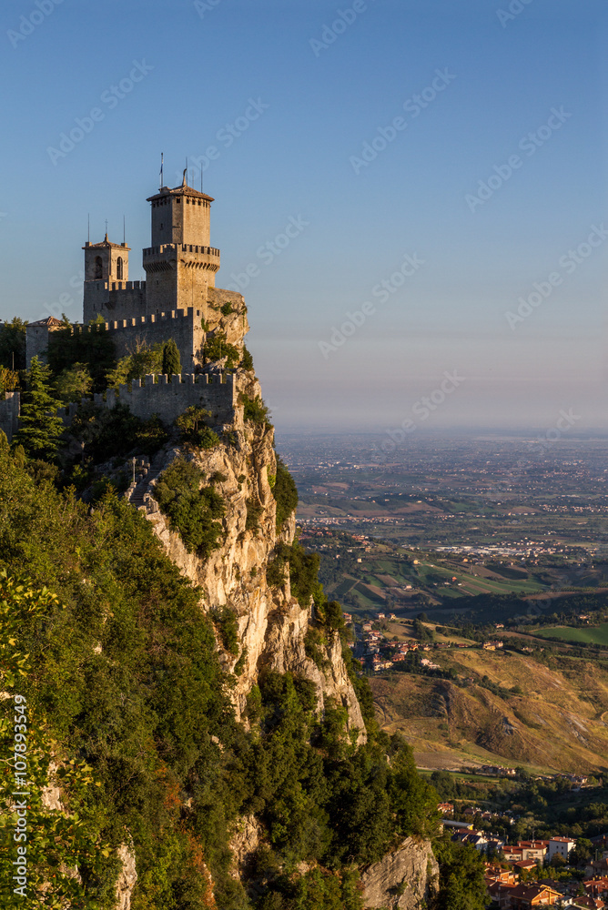 Scenic view of Guaita fortress on Monte Titano with San Marino .