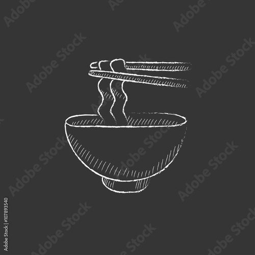 Bowl of noodles with pair chopsticks. Drawn in chalk icon.