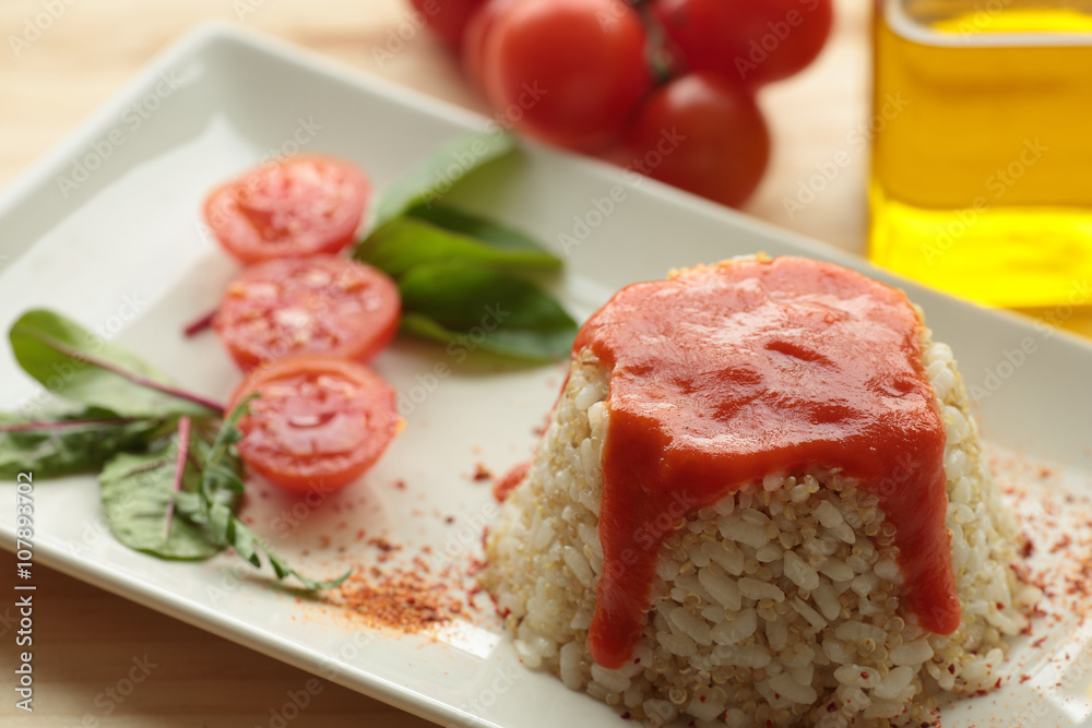 Cuban style rice on a white plate elongated Cuban style rice on a white plate elongated