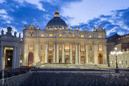 Rome - St. Peter's Basilica - "Basilica di San Pietro" and the square at dusk.