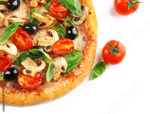 Delicious tasty pizza with vegetables, isolated on white